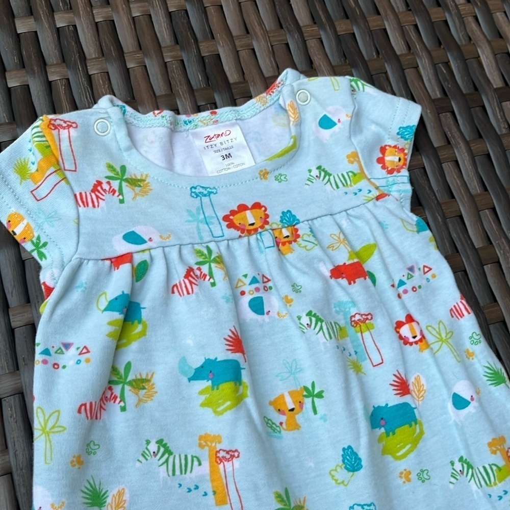 ZUTANO Infant 3mo Short Sleeve Romper Safari Zoo Animals Cotton Unisex Blue EUC - Picture 4 of 6